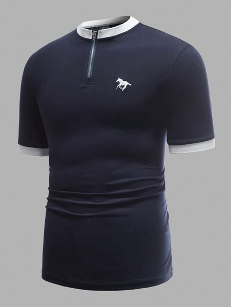 men horse embroidery half zip polo shirt 124h#, White;black
